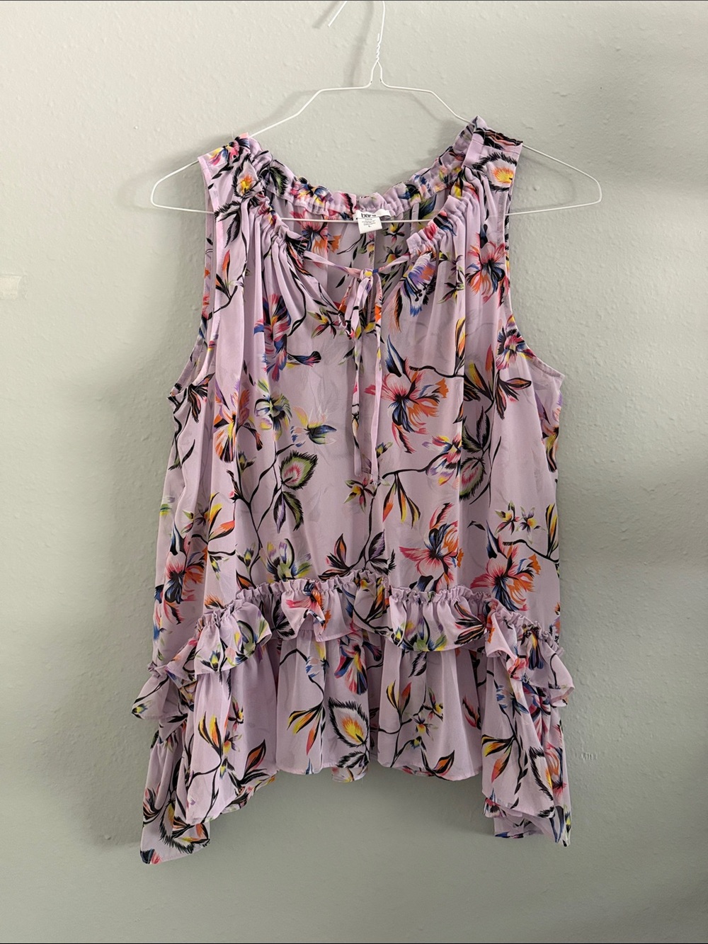 Bar III Lavender Floral Ruffle Tie-Neck Sleeveless Blouse
